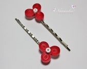 Set of two Red Flower  Bobby Pins with Paper Quilling