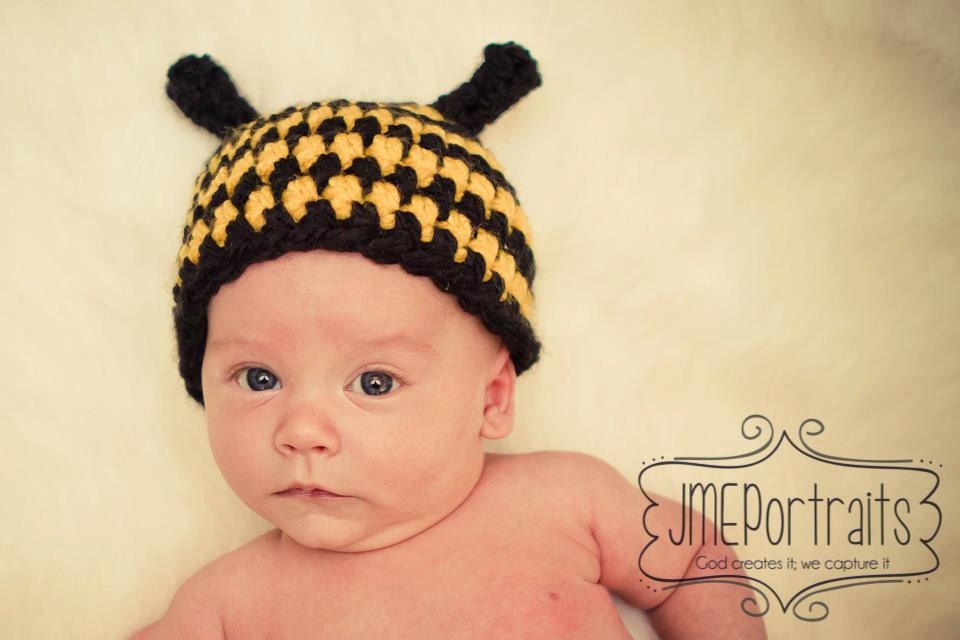 Baby Bumble Bee Hat--Soft & Cozy Crocheted Newborn Photo Prop or Halloween Costume
