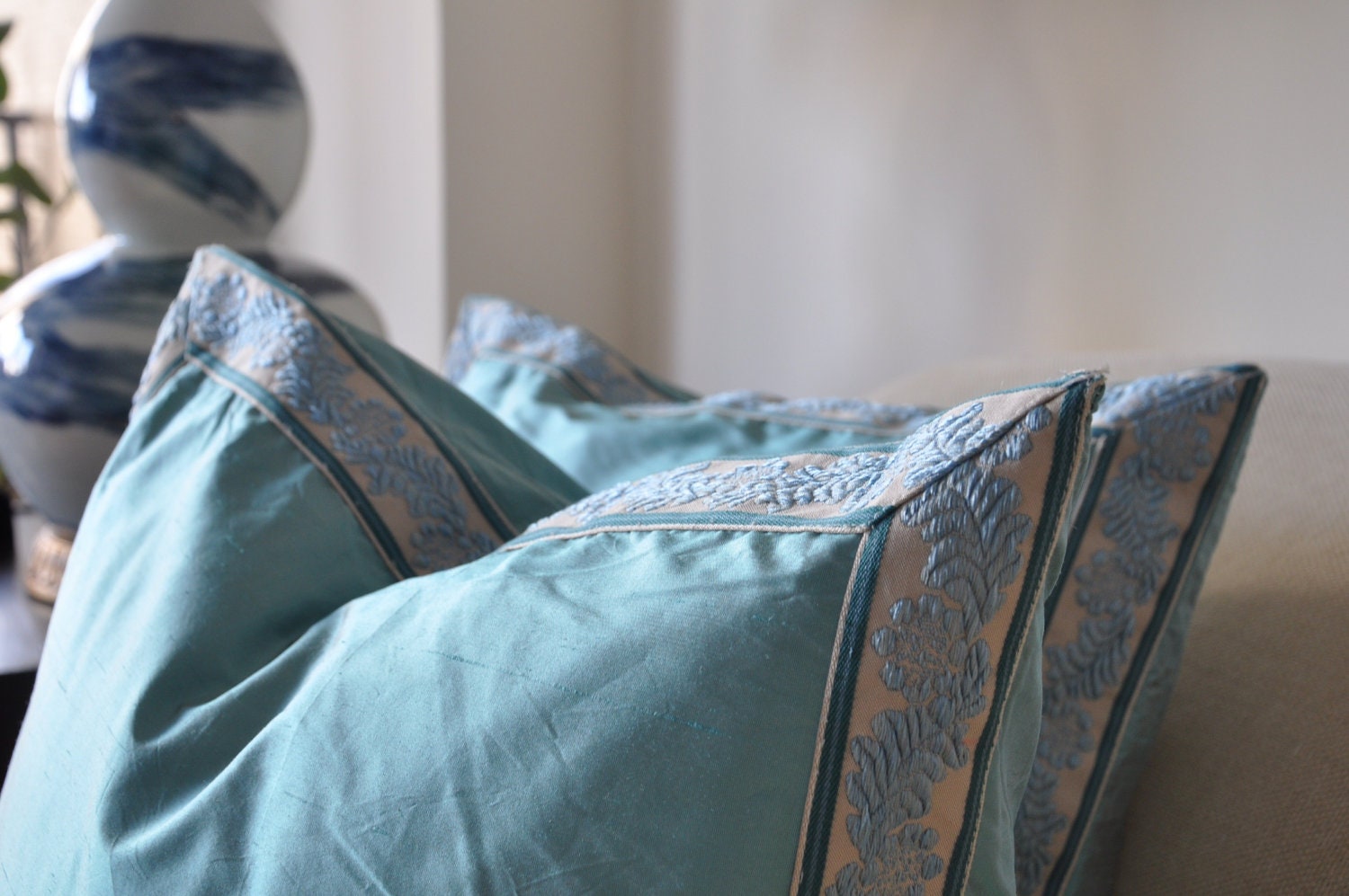 Turquoise Blue Silk Pillow with Special Trim