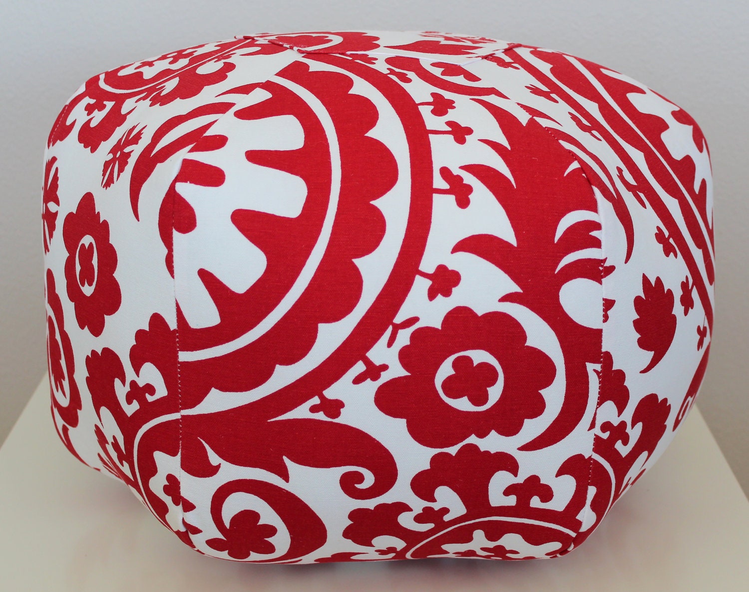 READY TO SHIP - 18" Ottoman Pouf Floor Pillow Lipstick Red White Suzani