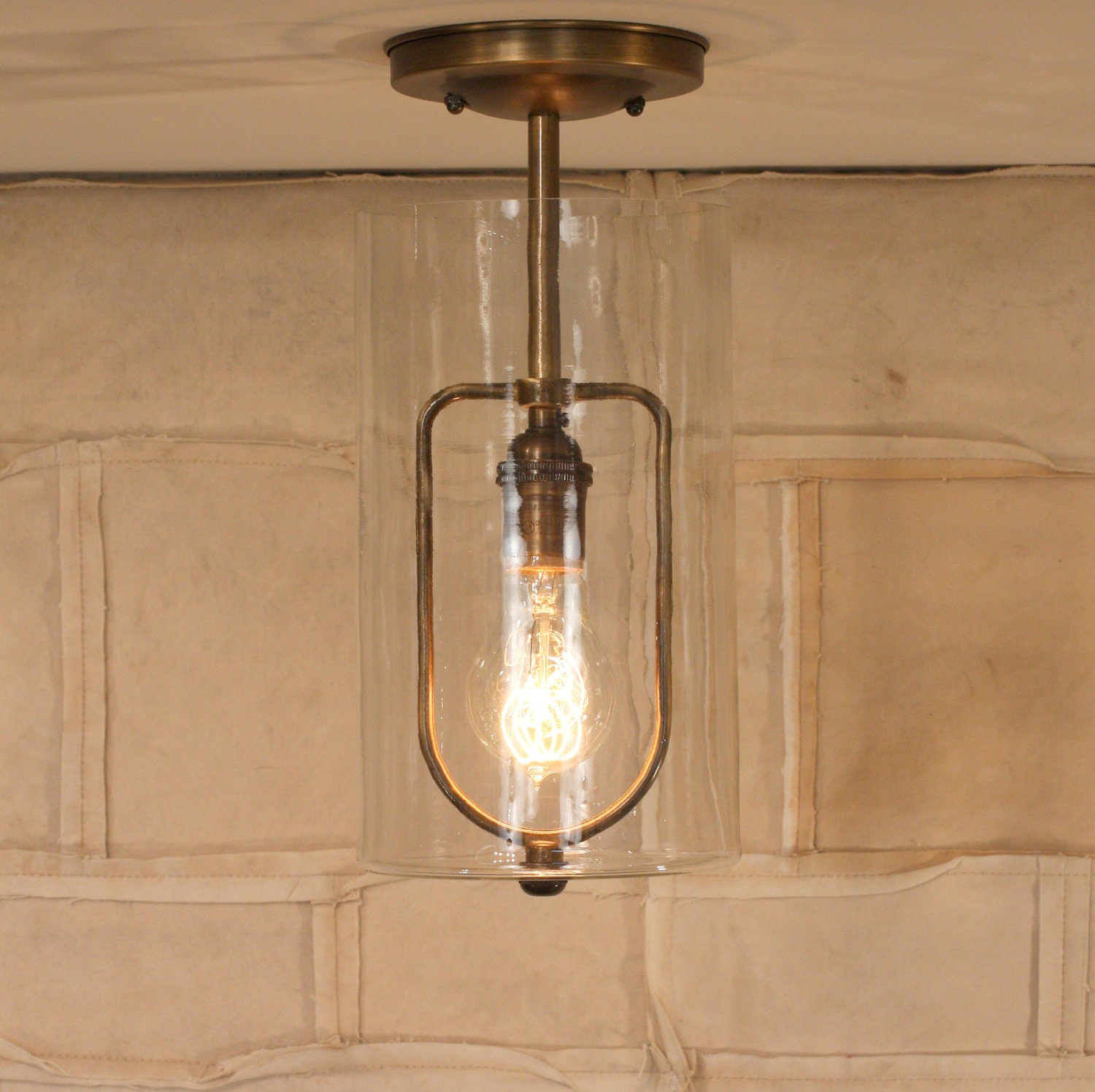 Lighting with Cylinder Glass Shade and Antique Brass Down Rod & Hardware