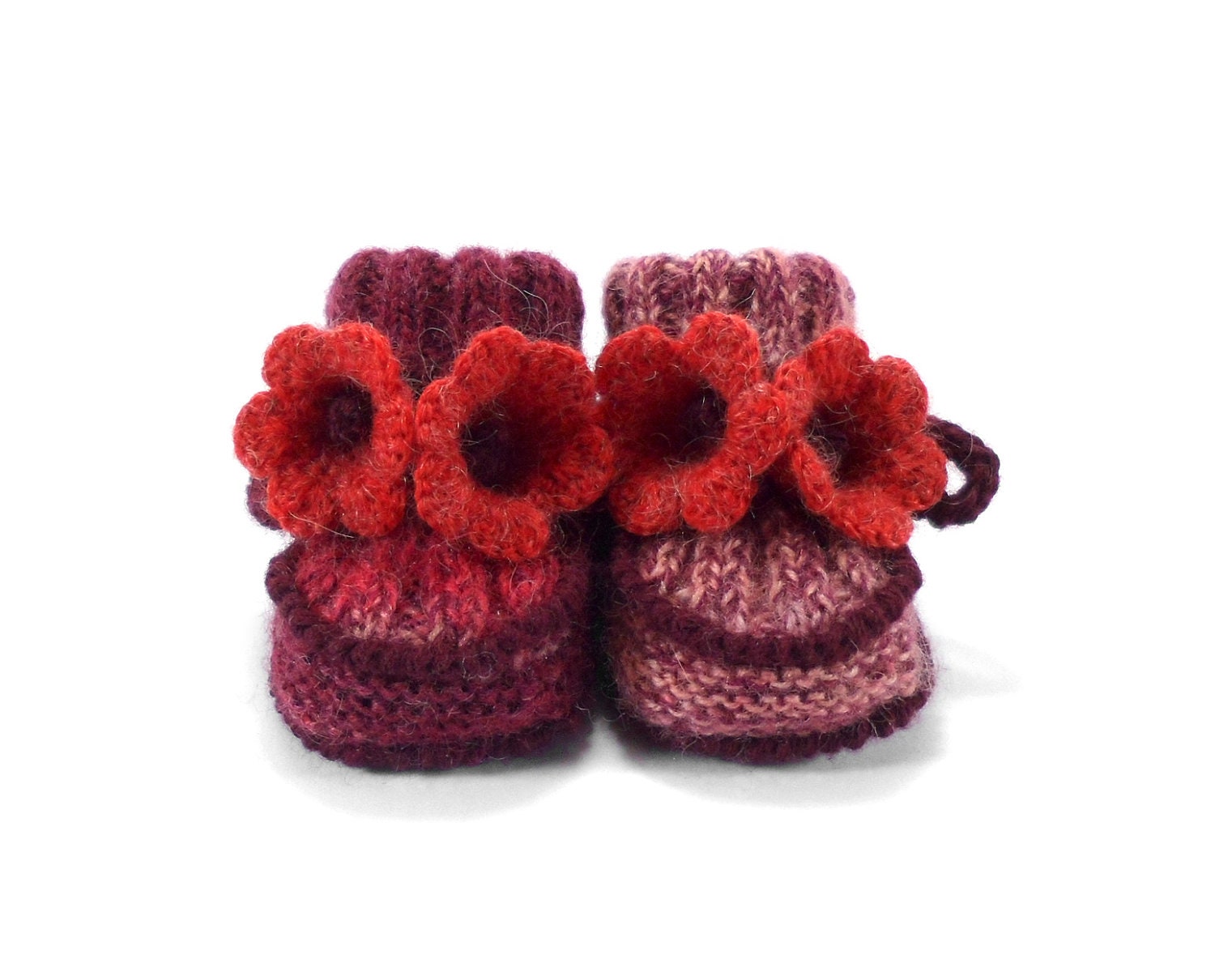Baby Booties, Hand Knitted Baby Boots with Crochet Bell Flowers, Red Knitted Baby Shoes , 0 to 3 months
