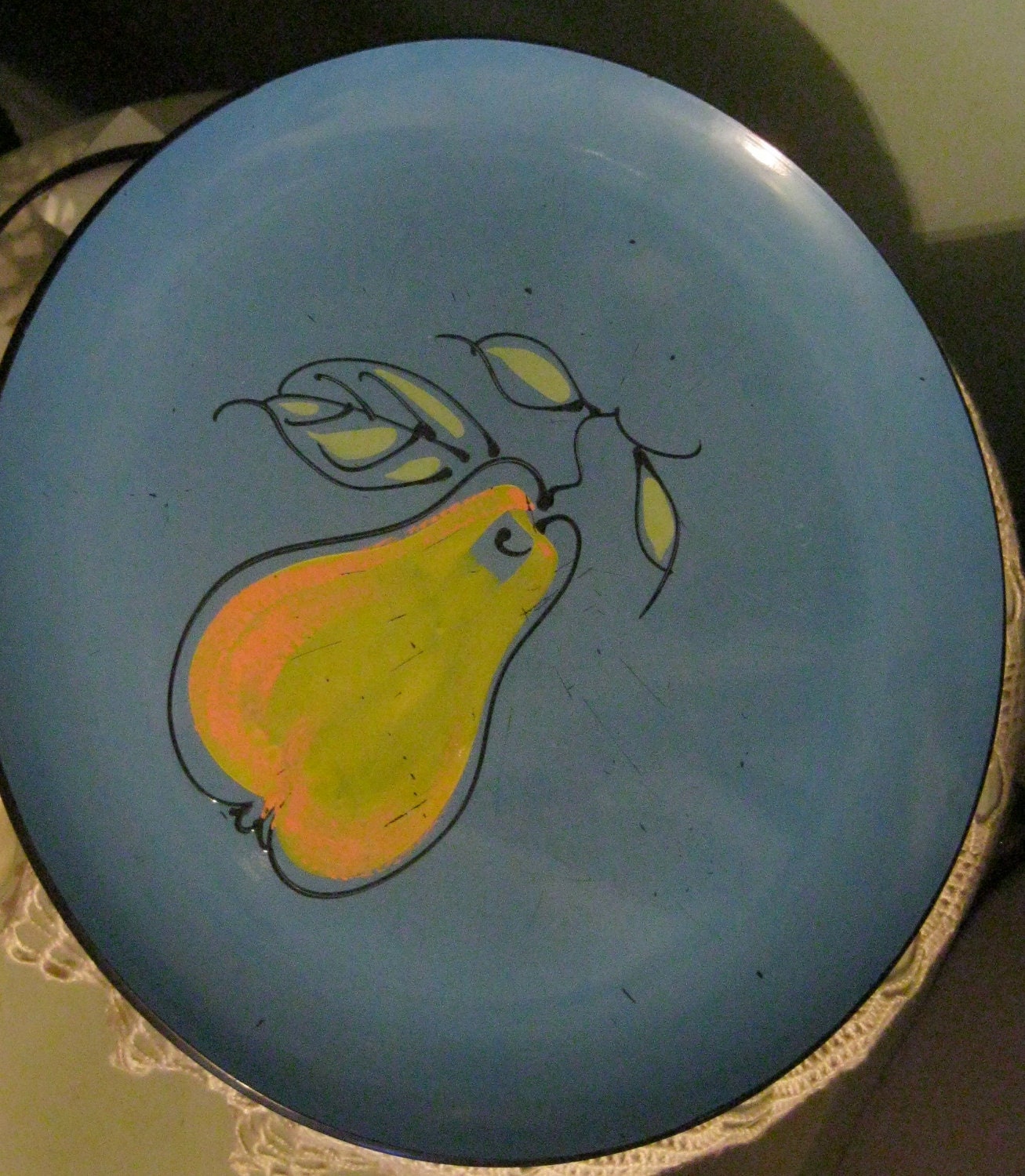 Mid Century Lacquer Ware Teal Tray With Pear / Davar Tray From Japan / Cute Decor
