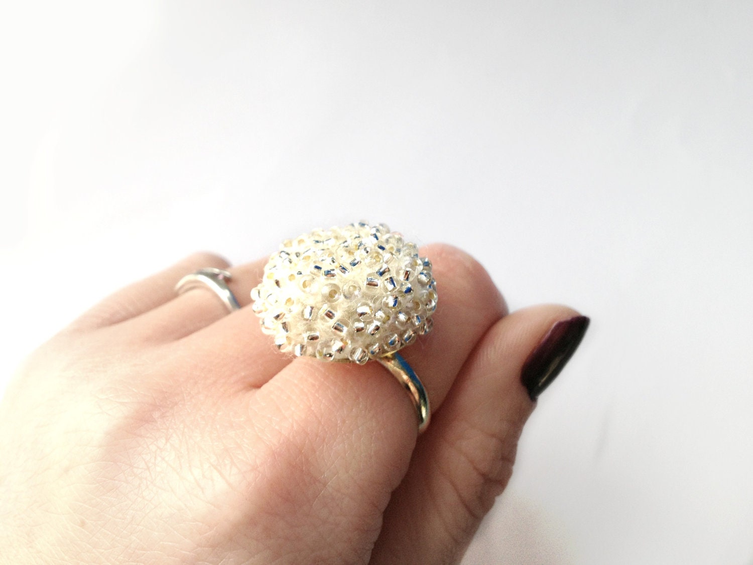 White Frost Felt Ring - Needle Felted White Ring With Clear Glass Beads