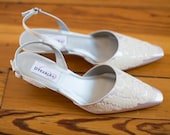 Size 8.5 Vintage lace wedding shoes slingback heel embellished with a vintage lace handkerchief Ready to Ship