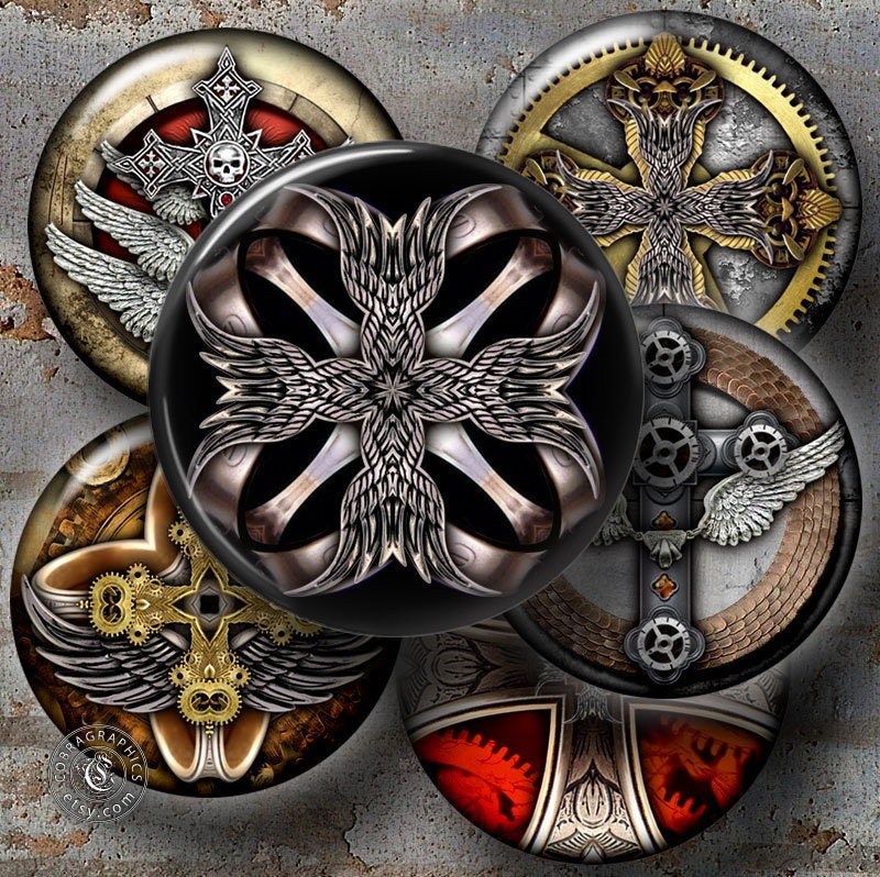 Steampunk Crosses - Digital Collage Sheet CG-493 - 1.5 inch circles (or smaller) - for Scrapbooking, Resin Pendants, Bottle Caps