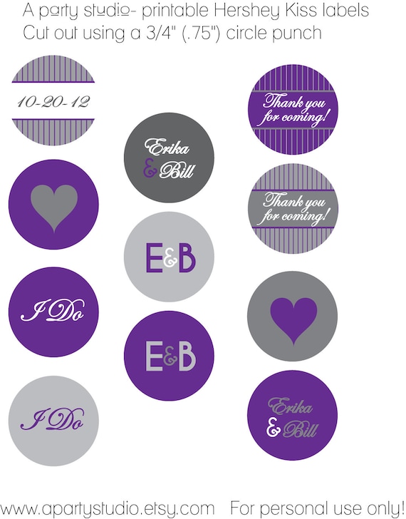 Wedding Favor- Personalized Hershey Kiss Labels in Purple and Grey- Print your own
