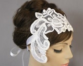 Lace Bridal Headband, Ribbon Fascinator. White. Handmade.