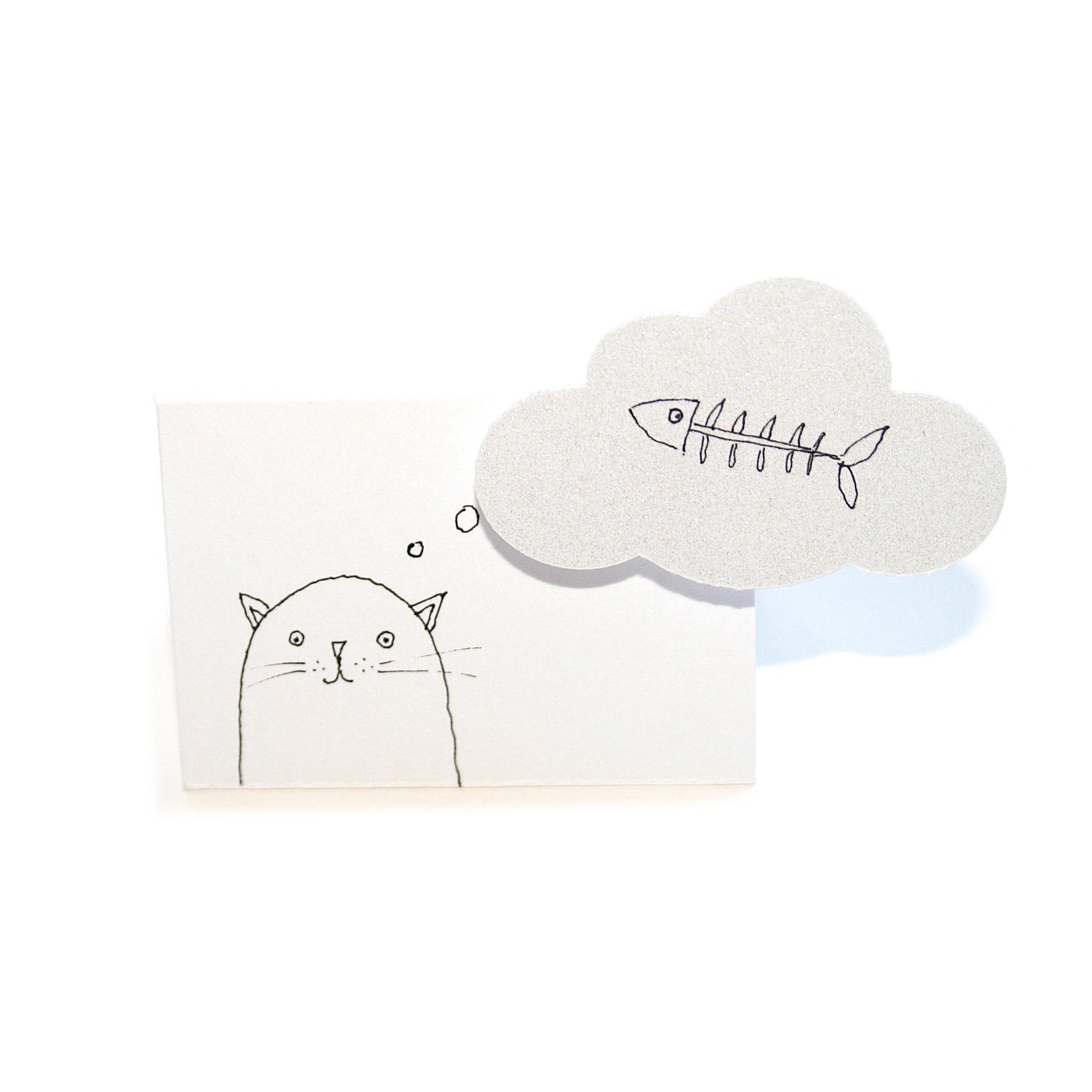 Tiny Miniature Greeting Card & Envelope, Miniature Art, Cat Daydream, Cat Illustration, Fish, Miniature Art, Miniature Illustration, Poosac