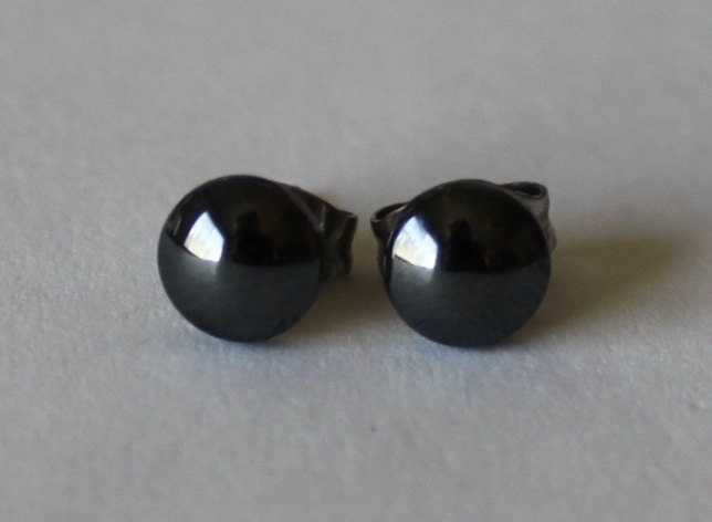 4mm Metallic Black Hemalyke Cabochon studs, Surgical Steel Posts and Ear nuts (hypoallergenic)
