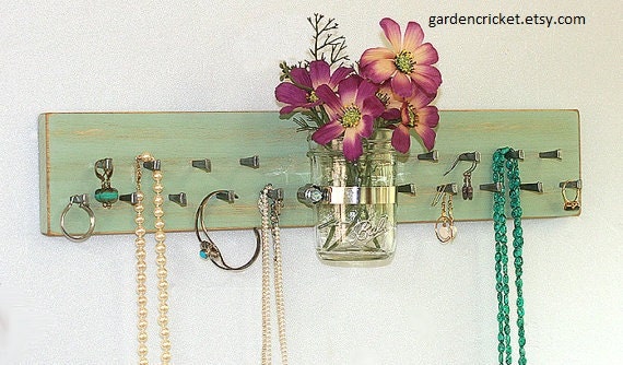Jewelry Earring Holder Vintage Pale Jade Wall Hanging  Rack Organizer Vase Mason Jar Earring Holder Necklace Rack Key Holder Necklace Holder