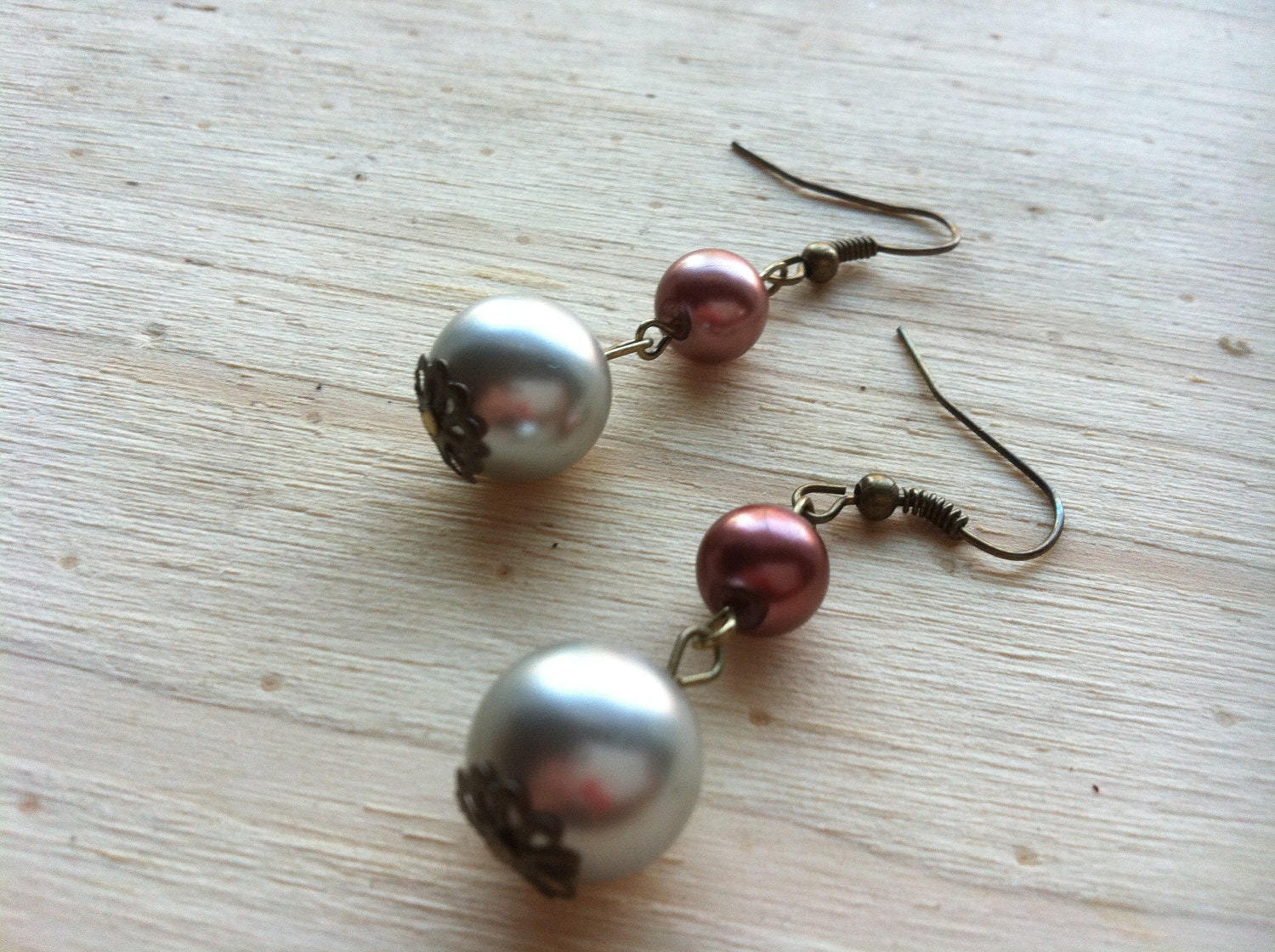 Maroon & Silver in Antiqued Brass Glass Pearl Drop Earrings
