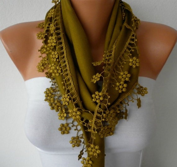 Olive Green Scarf - Pashmina Scarf - Cowl Scarf - Shawl with Lace Edge - fatwoman