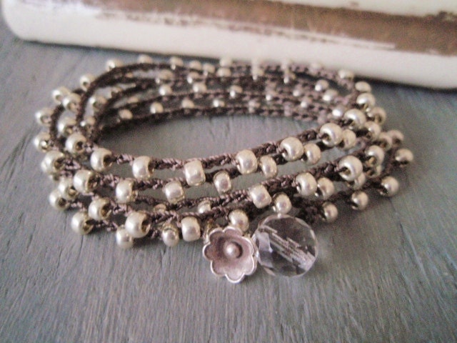 Silver crochet wrap bracelet necklace "The Essential Silver Bohemian Wrap", Thai silver flower, long boho chic wrap jewelry