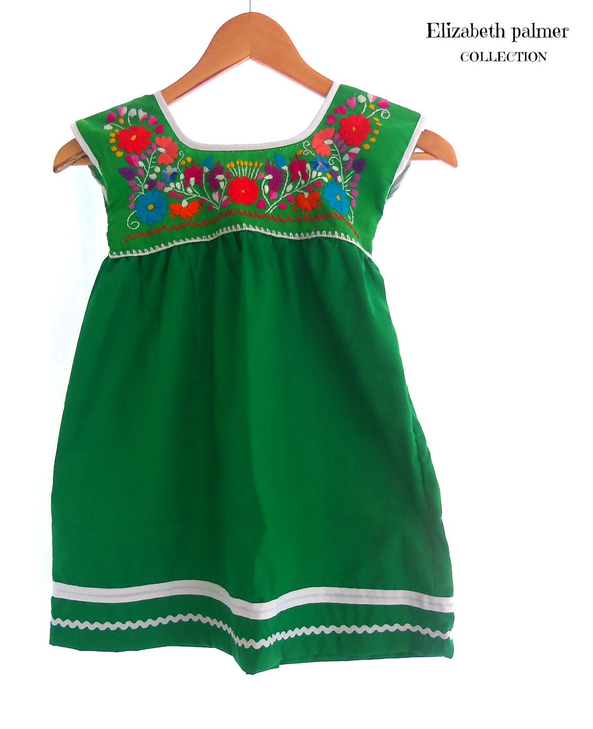 Esmeralda  Mexican Handmade Embroidered Green  Baby Tunic Dress