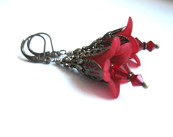 Wine Red Fairy Flower Earrings. Pre-Raphaelite Floral. Acrylic Jewellery