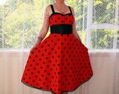 Pin Up Red  Dress with Black Polka Dots, Sweetheart Neckline and Black Trim 'Ladybird'  - Custom made to fit