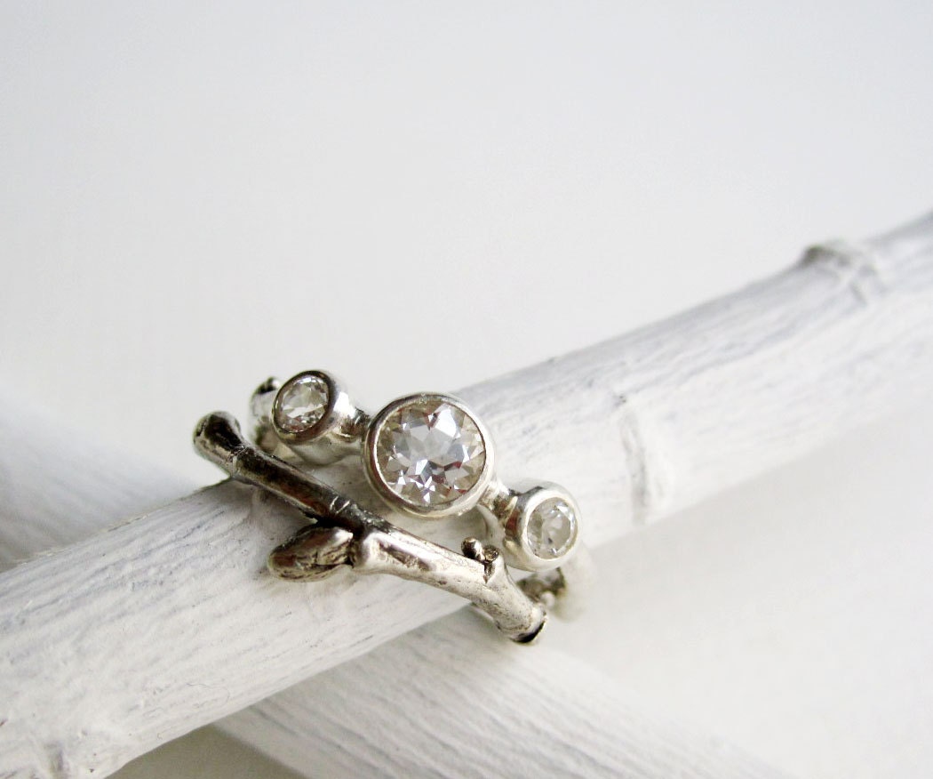 Engagement Rings, Silver Twig Rings with 3 white topaz