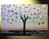 Original Art Abstract Painting Tree of Life Textured Large Cherry Tree White Modern Floral Palette Knife Pale Blue Brown 36x24" -Christine