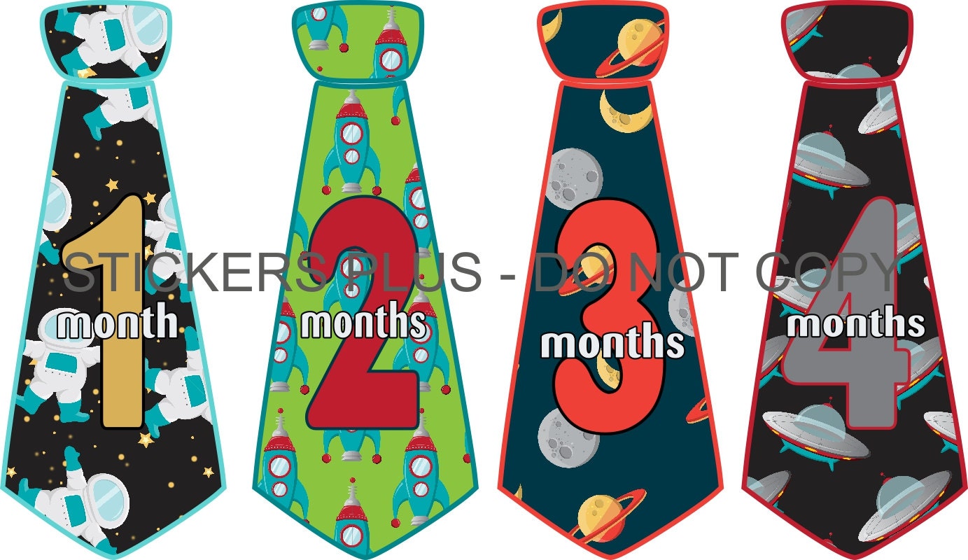 Baby Boy Monthly Onesie Stickers Necktie Neck Tie Outer Space II Ship Rocket Planet Blue Green Red Yellow - UNCUT 1-12 Months Plus Just Bor