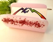 Fused Glass Pink and White Business Card Holder  with Red Glass Crystal Embellisment 208