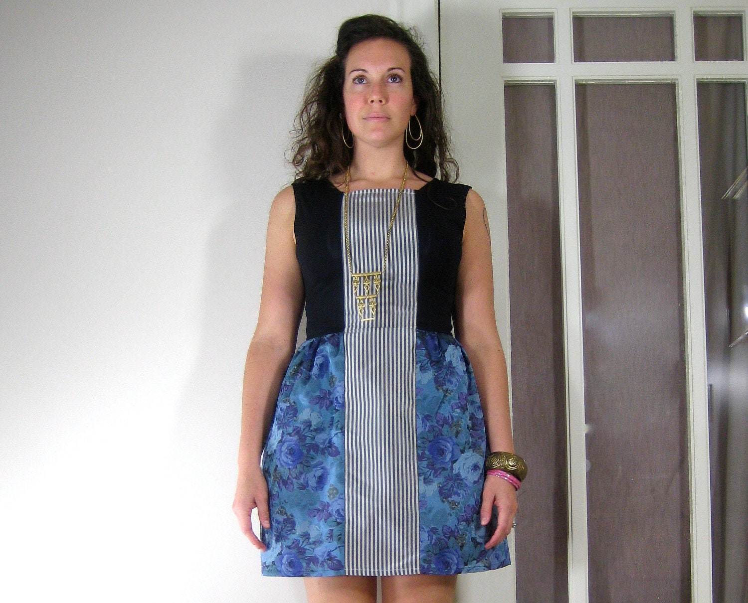 CENTER STRIPE DRESS - cocktail dress, holiday dress, party dress, vintage floral teffeta, eco friendly, recycled fabric, silk fabric, blue