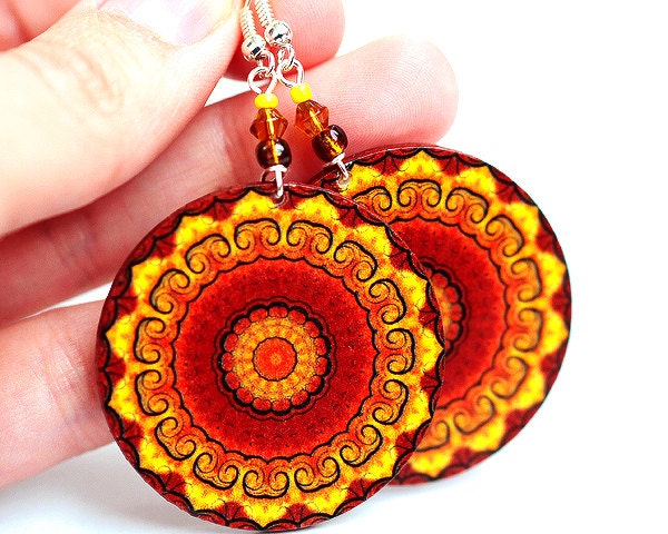 Sunny Rosette Mandala Yellow Brown Orange Round decoupage earrings ,  gift for her under 25 (A12)