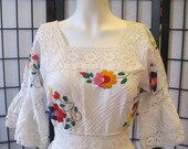 Vintage 1960s Mexican Wedding Dress Maxidress White Red Orange Purple Green Embroidery Crochet Small