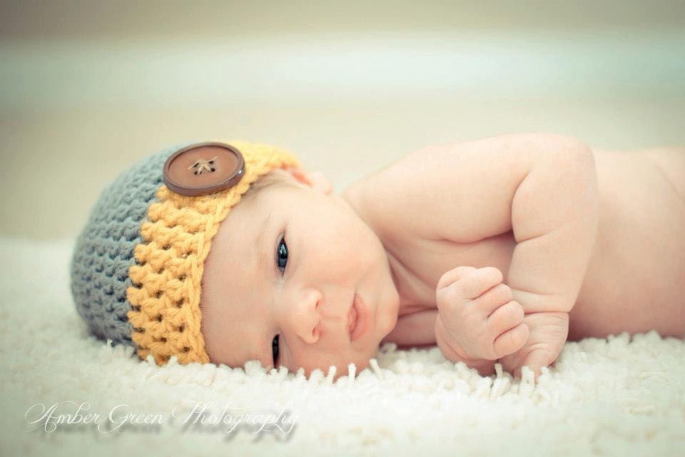 Crochet Baby Boy Hat Grey and Yellow Button Beanie