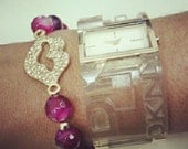KISS ME Cranberry agate genuine gemstone beaded bracelet with gold Pave crystal lips
