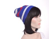 Striped Womens Hat Crochet Beanie Hat Red White and Blue Silk Flax Natural Fiber