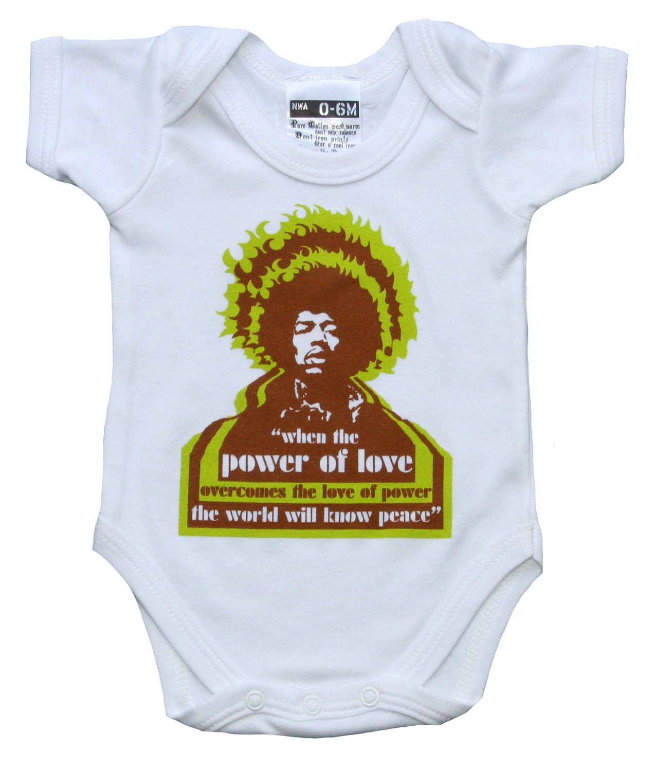 Jimi Hendrix When The Power Of Love White babygrow (onesie)  0-6months OR 6-12 months. Rock baby.