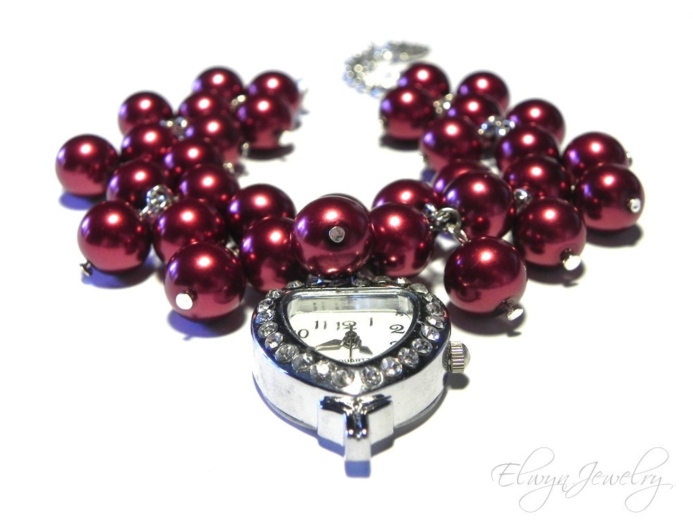 Dark Red Watch, Pearl Watch Bracelet, Heart Watch, Cluster, Chunky, Maid of Honor Gift