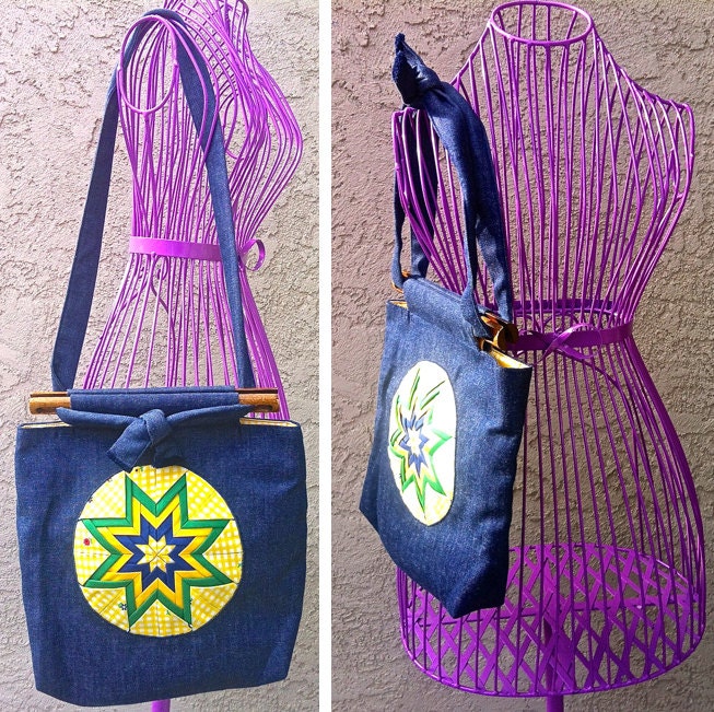 Vintage Denim Handmade Embroidered Checkered Star Wood Purse
