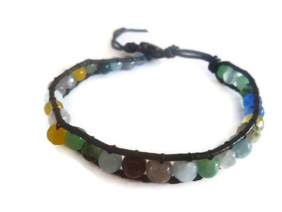 Chan luu inspired beaded leather wrap bracelet .Leather Wrap Bracelet. Multi Color Semi Precious Gemstone on Black Leather Cord.Unisex.