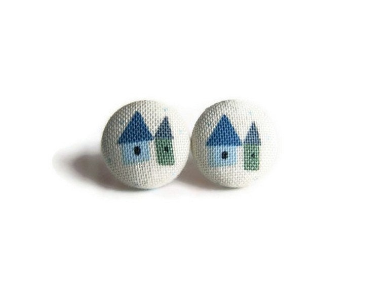 Home Sweet Home Blue Green Button Earrings