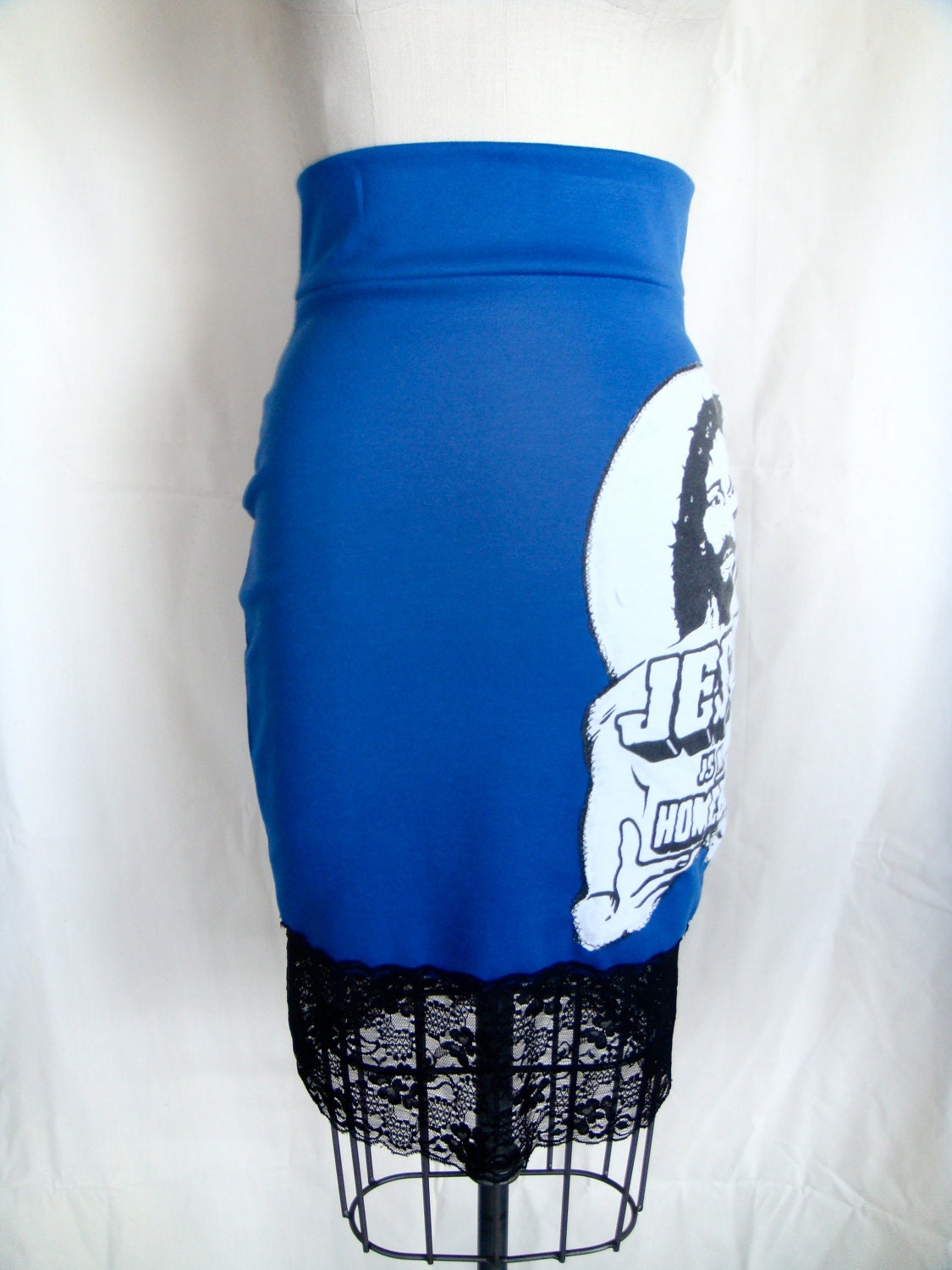 Royal Blue 'Jesus is my Homeboy' Knit Pencil Skirt w/ Lace Hem and Zip Back.