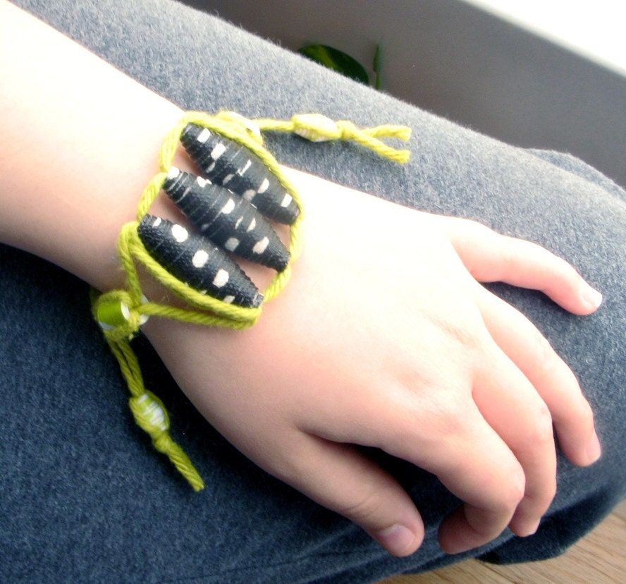 Brown and Lime Handmade Fabric Bead Bracelet, Fiber Cuff, Paper Bead Jewelry