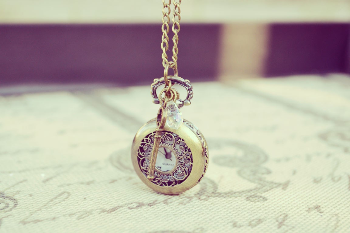 Bronze Key and Teardrop Crystal Pocket Watch Necklace