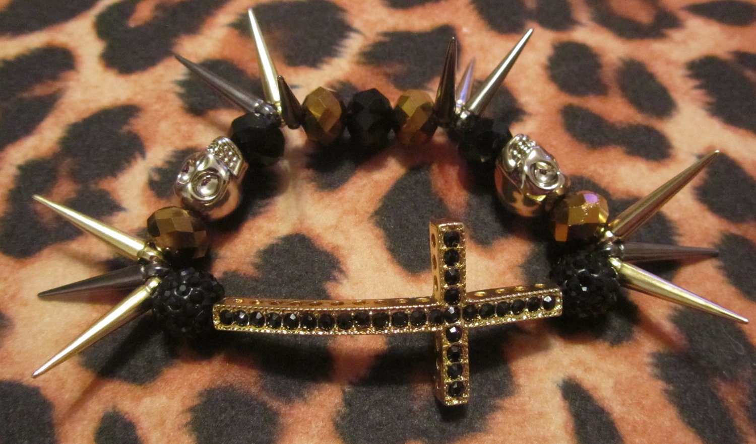 Spike and Skulls Sideways Rhinestone Cross Gold Tone Stretchy Beaded Bracelet Rock Fashion Jewelry Punk