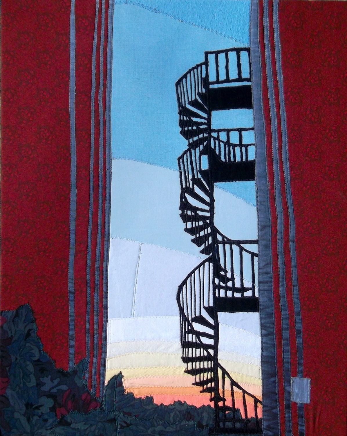 Urban Canyon, Spiral Staircase, 16 x 20 inch, fabric art, wall hanging, upcycled fabric art, OOAK