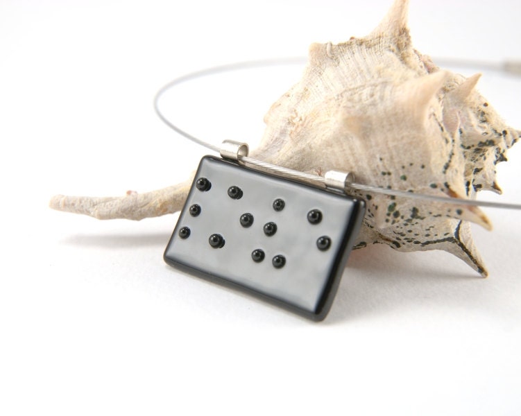 Braille LOVE fused glass pendant necklace, black letters on black