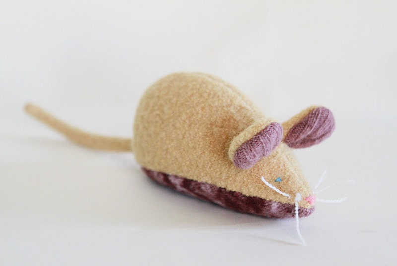 one of a kind handmade upcycled beige wool mouse plush