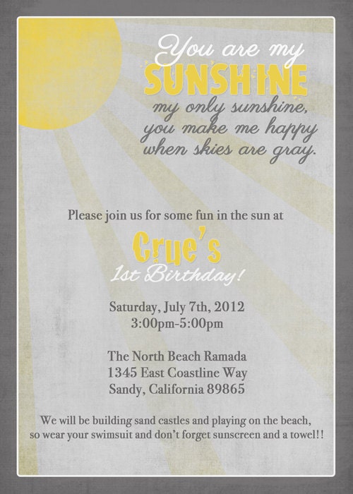 My Sunshine birthday invitation, Vintage Sun with gray skies , gender neutral, printable, digital file