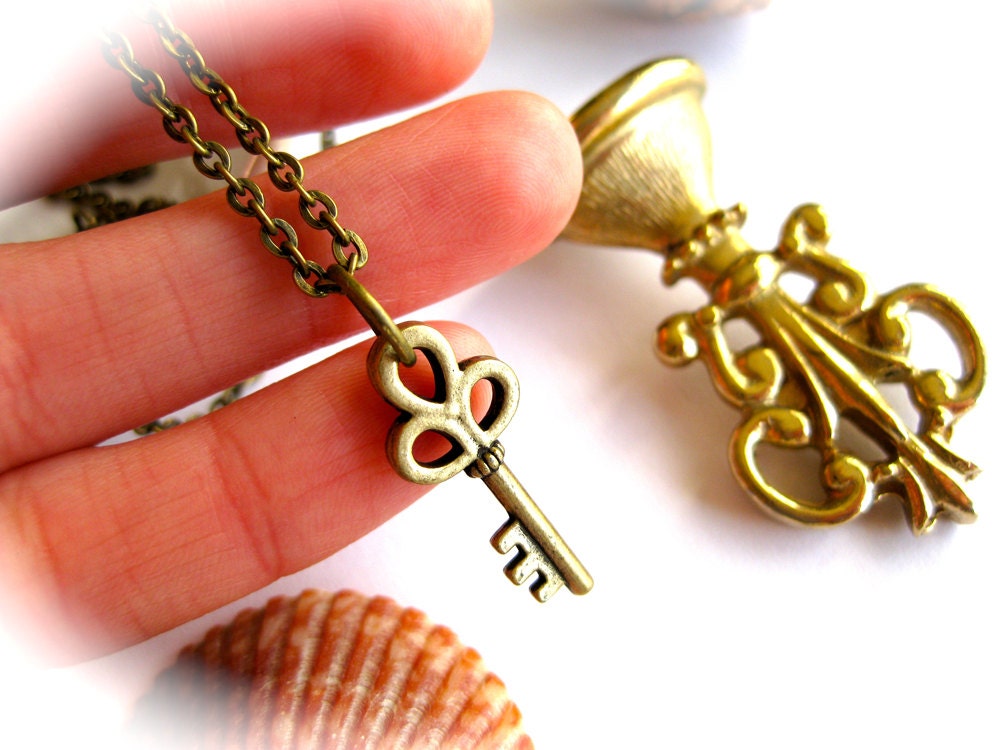 Miniature Scrolled Key Charm Necklace-Antique Bronze Charm and Chain-Lobster Clasp-Alice in Wonderland Jewelry