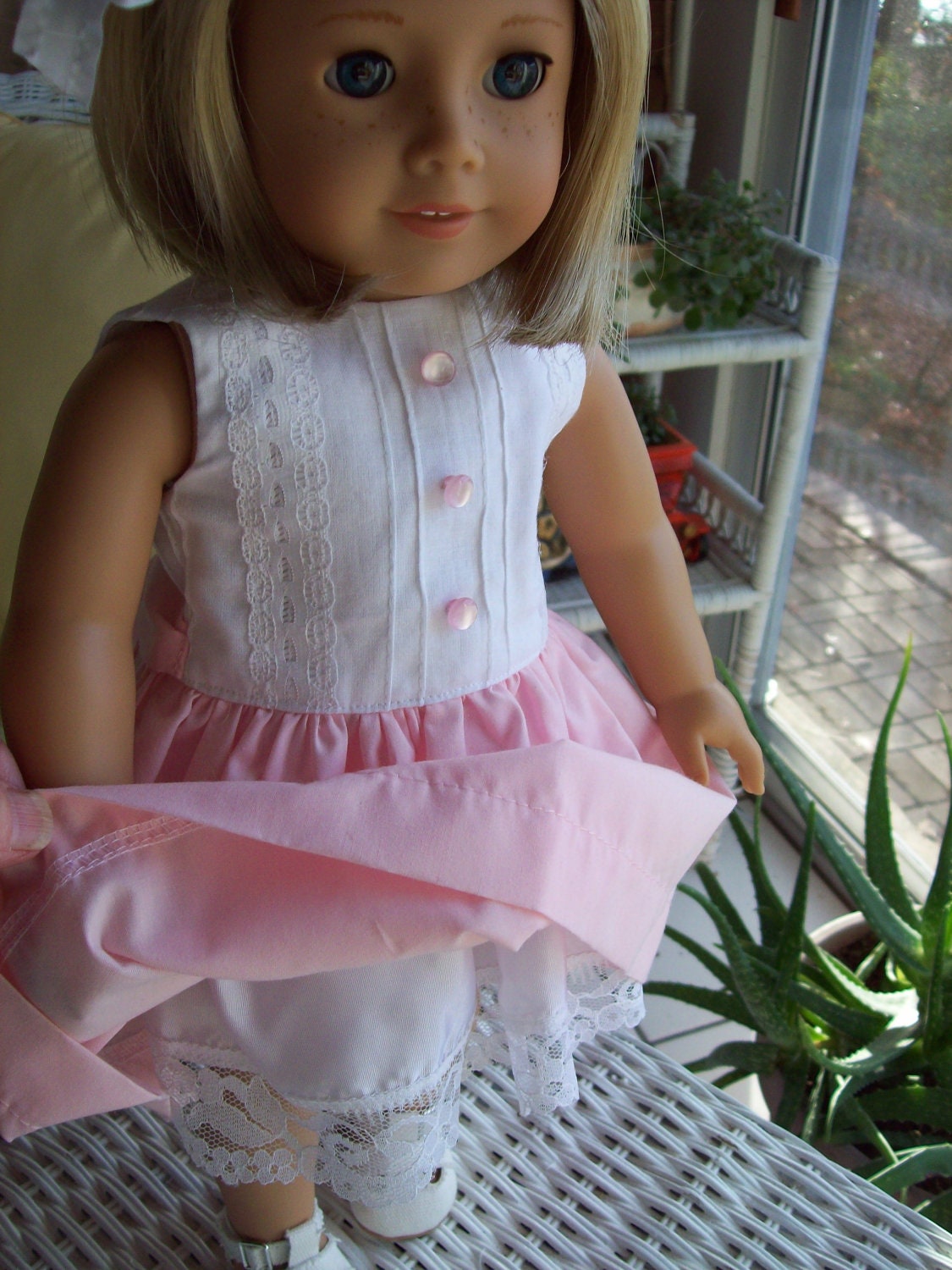 American Girl Doll Clothes 18 inch doll dress. Pink and white dress and satin slip.