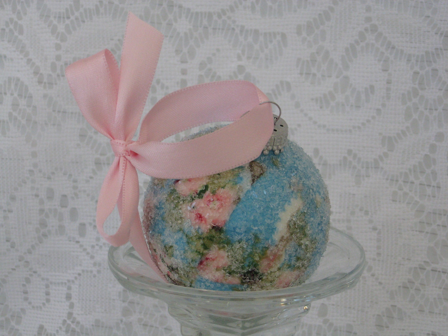 Frosty Glass Ornament, Blue and Pink Christmas