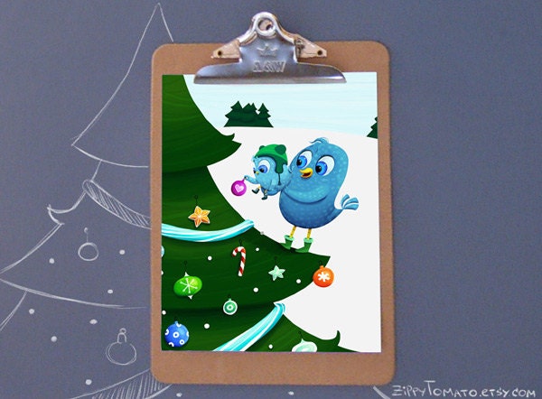 Christmas art - winter holidays art - winter drawing - bird art - bird illustration - Deck the Trees - Christmas art print by Xenia