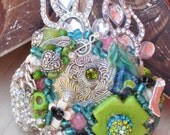 Peacock Slave Bracelet - CUSTOM Chunky Rhinestone Green Turquoise Cross Skull Pink Ruby Ring Hand Flower Western Stretch Cuff Bracelet