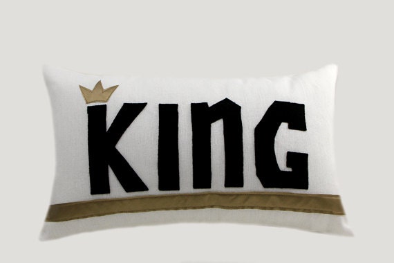 White decorative designer fabric Lumbar pillow case with a black color word King accent, fits 12"x 20" insert.